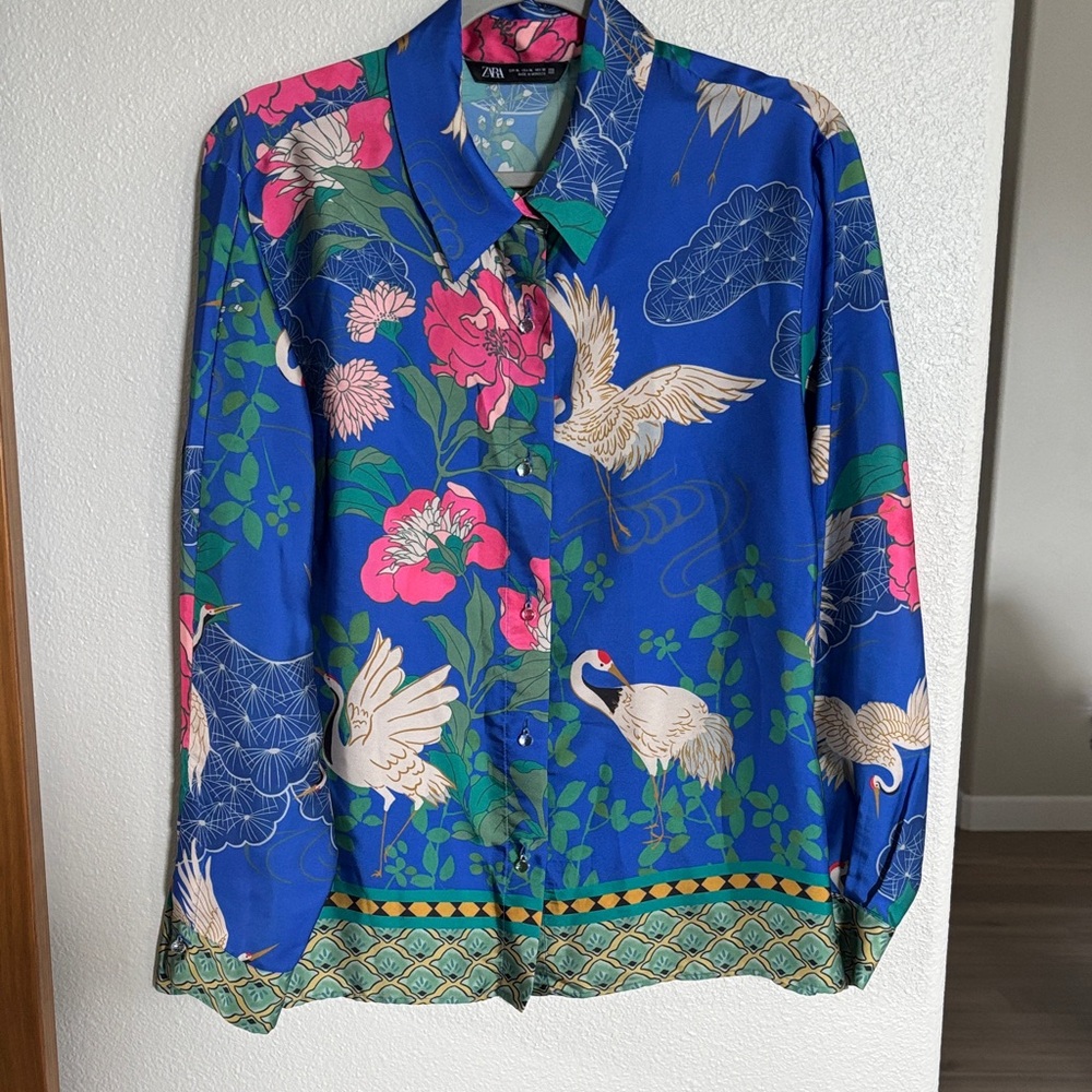 Zara Royal Blue Crane & Pink Floral Button-Up Blouse